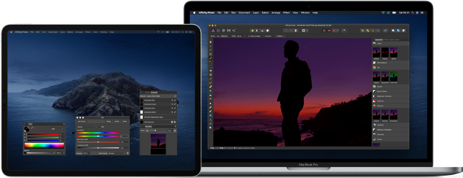 MacBook Pro di samping iPad Pro. Desktop Mac menampilkan jendela utama app untuk mengedit foto, dan iPad menampilkan jendela terbuka tambahan dari app untuk tugas pengeditan foto rumit.
