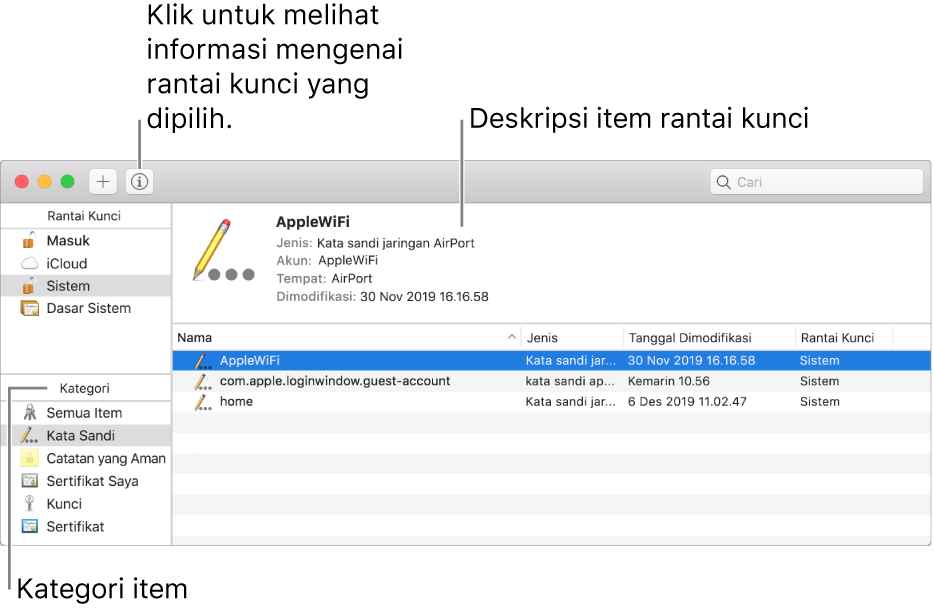 Area utama jendela Akses Rantai Kunci: daftar kategori, daftar item rantai kunci, dan deskripsi item rantai kunci.
