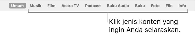 Bar tombol menampilkan tombol Umum serta tombol untuk konten seperti musik, film, acara TV, dan lainnya.