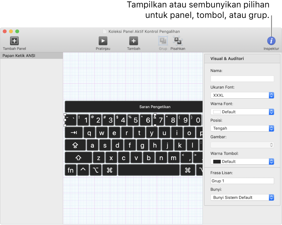 Jendela Koleksi Panel menampilkan tombol Inspektur di ujung kanan bar alat, untuk pilihan pengaturan untuk panel, tombol, dan grup.