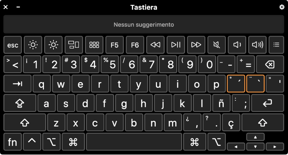 Visore tastiera con il layout di tastiera spagnolo.