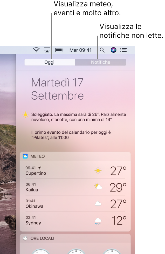 Vista Oggi con le previsioni meteo in tre località. Fai clic sul pannello Notifiche per visualizzare le notifiche mancanti.