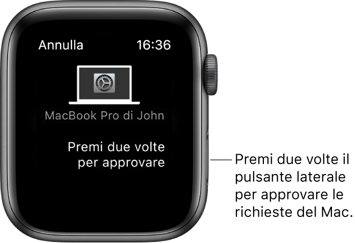 Apple Watch che mostra una richiesta di approvazione da MacBook Pro.