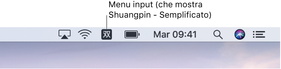 Il lato destro della barra dei menu. L'icona del menu Tastiera mostra Shuangpin - Semplificato.