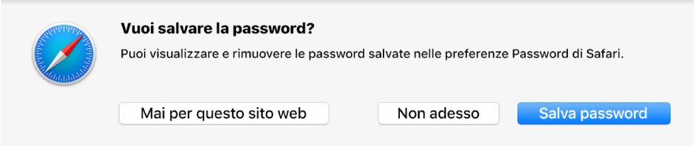 Una finestra di dialogo in cui viene chiesto se desideri salvare la password per un sito web.