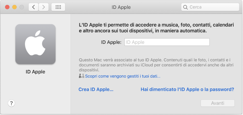 Finestra di dialogo ID Apple, pronta per l'inserimento di un ID Apple. Un link “Crea ID Apple” consente di creare un nuovo ID Apple.