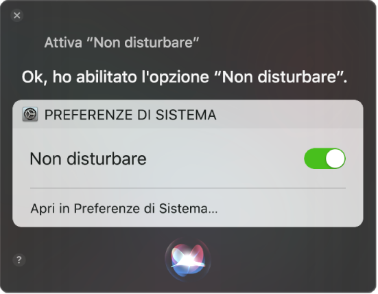 La finestra di Siri window con la richiesta di completare un’attività, “Attiva Non disturbare”.