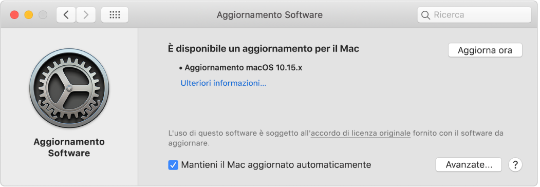 Preferenze Aggiornamento Software con un aggiornamento disponibile.