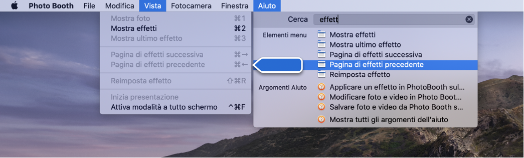 Il menu Aiuto di Photo Booth con un risultato di ricerca per un elemento del menu selezionato e una freccia che punta sull’elemento nei menu dell’app.