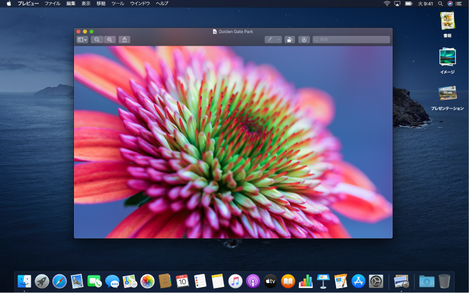 ダークの外観に設定されたMacのデスクトップ。ダークになったアプリケーションウインドウ、Dock、およびメニューバーが表示されています。