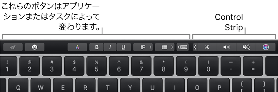 Touch Bar。左側にはアプリケーションや作業によって異なるボタンが、右側には折りたたまれたControl Stripがあります。