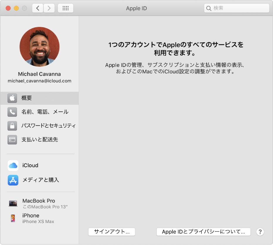 「Apple ID」環境設定。使用できるさまざまなアカウントオプションのサイドバーと、「概要」環境設定の「サインアウト」ボタンが表示されています。