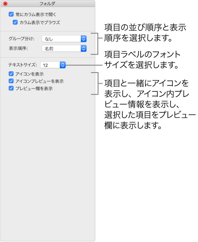 Macのfinderでアイコン表示 リスト表示 カラム表示 またはギャラリー表示のオプションを変更する Apple サポート