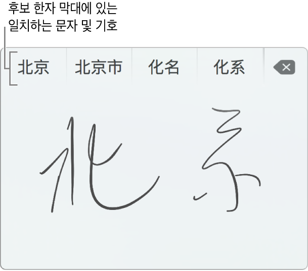 손글씨로 쓴 ‘베이징’이라는 단어가 중국어(간체)로 표시된 트랙패드 손글씨 윈도우. 트랙패드에서 자획을 그릴 때 후보 한자 막대(트랙패드 손글씨 윈도우 상단에 있음)는 가능한 일치하는 문자와 기호를 표시함. 후보 한자를 살짝 눌러 선택합니다.