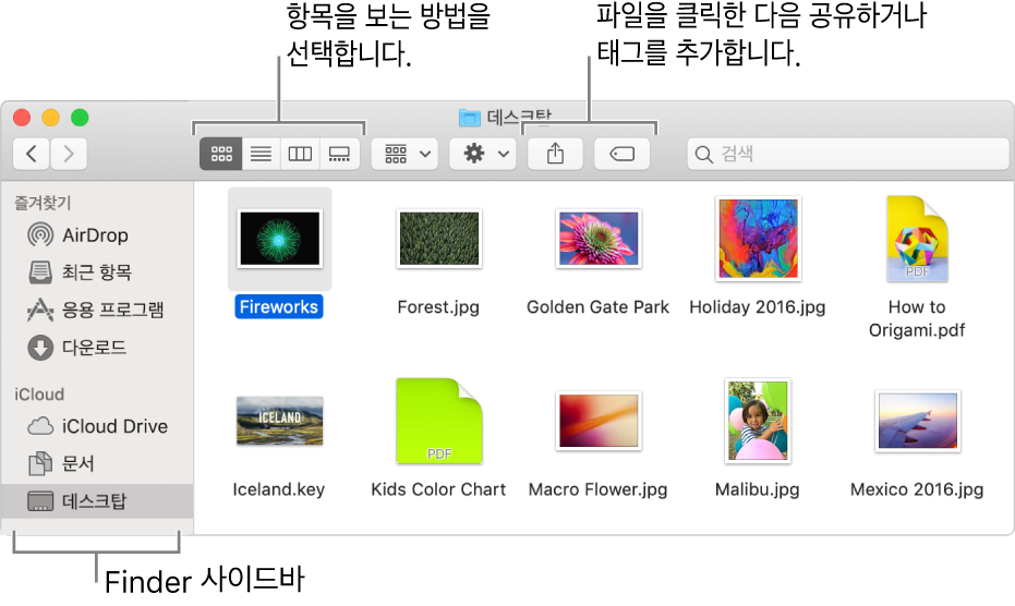 왼쪽에 Finder 사이드바가 있는 Finder 윈도우. 윈도우 왼쪽 상단에 Finder 윈도우에서 항목 보기 방식을 변경하기 위해 클릭하는 4개의 버튼이 있습니다. 오른쪽에는 선택된 파일을 공유하거나 태그하기 위해 클릭하는 2개의 버튼이 있습니다.