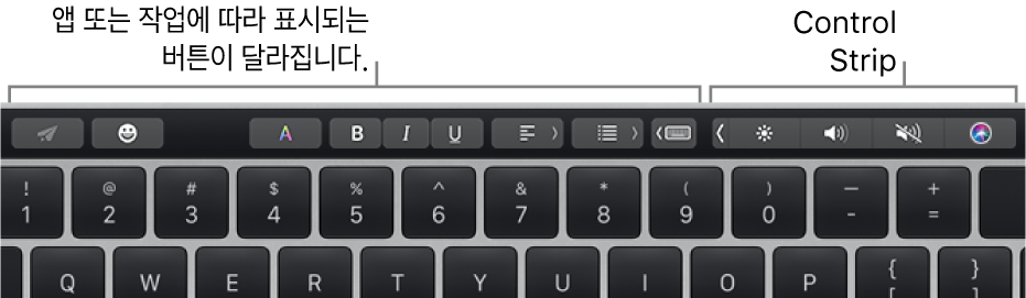 왼쪽에는 앱이나 작업에 따라 달라지는 버튼이 있는 Touch Bar가 키보드 상단에, 오른쪽에는 축소된 Control Strip이 있습니다.