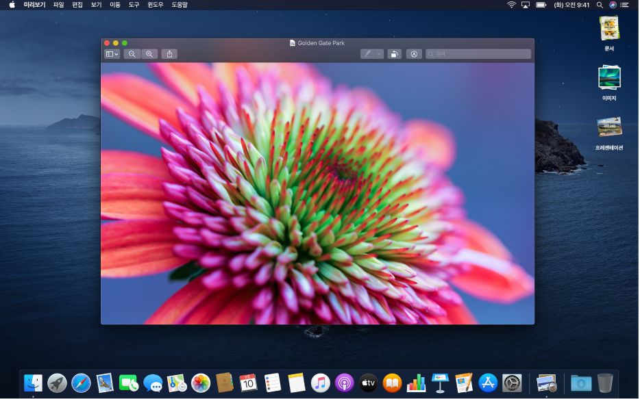 어두운 색상의 앱 윈도우, Dock 및 메뉴 막대를 표시하는 다크 모드로 설정된 Mac 데스크탑.