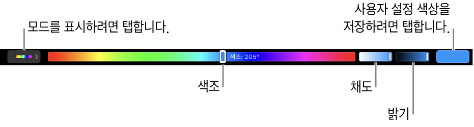HSB 모드의 색조, 채도 및 밝기 슬라이더를 표시하는 Touch Bar. 왼쪽 끝에 있는 모든 모드 보기 버튼과 오른쪽에 있는 사용자화 색상 저장 버튼.