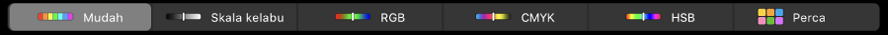 Touch Bar menunjukkan mod warna—daripada kiri ke kanan—Ringkas, Skala Kelabu, RGB, CMYK dan HSB. Di hujung kanan adalah butang Perca.