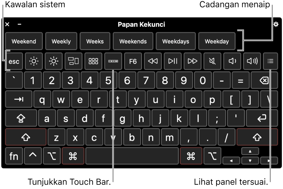 Papan Kekunci Kebolehcapaian dengan cadangan menaip merentasi bahagian atas. Di bawah adalah baris butang sistem kawalan untuk membuat perkara seperti melaraskan kecerahan paparan, menunjukkan Touch Bar atas skrin dan menunjukkan panel tersuai.