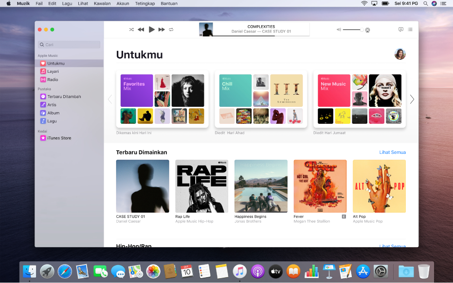 Tetingkap app Muzik menunjukkan cadangan muzik Untukmu.