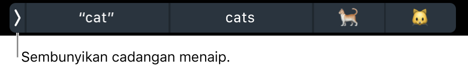 Cadangan menaip meunjukkan perkataan dan emoji, serta butang di sebelah kiri untuk menyembunyikan cadangan menaip.