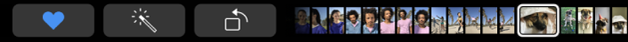 Touch Bar dengan butang tertentu pada Foto, seperti butang Kegemaran dan Putar.