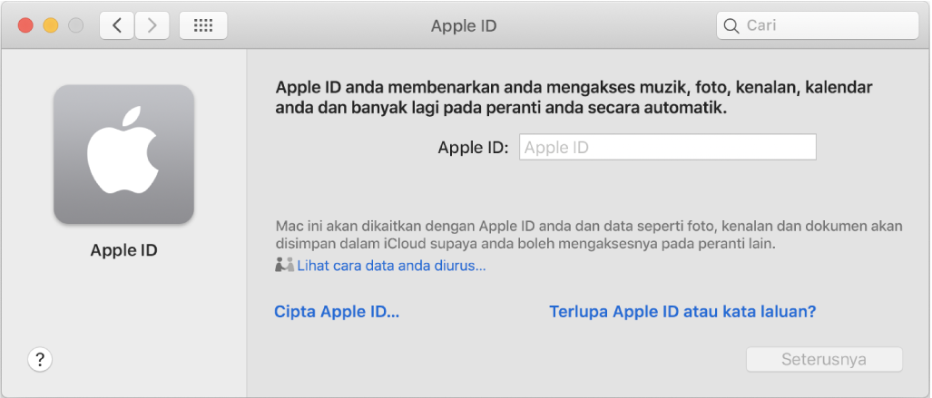 Dialog Apple ID bersedia untuk entri Apple ID. Pautan Cipta Apple ID membenarkan anda mencipta Apple ID baru.