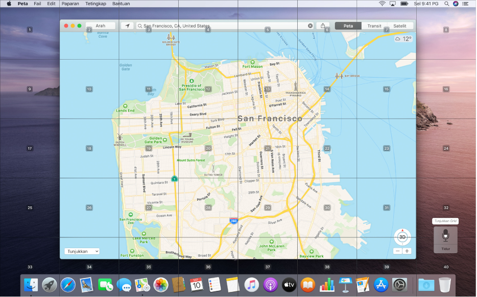 Grid yang bertindih pada desktop, yang menunjukkan peta dalam app Peta. Grid membahagikan desktop kepada lima baris dan lapan lajur dan setiap sel dinomborkan, 1 sehingga 40. Tetingkap maklum balas di bahagian kanan bawah skrin menunjukkan perintah “Tunjukkan grid” yang digunakan untuk memaparkan grid.