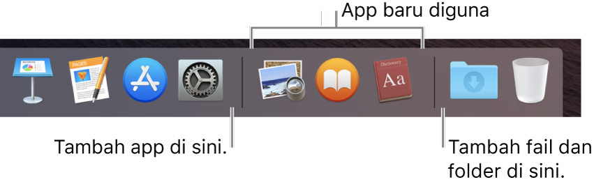 Hujung kanan Dock. Tambah app ke sebelah kiri bahagian app yang terbaru digunakan dan tambah folder ke sebelah kanan bahagian tersebut, di tempat tindanan Muat Turun dan Sampah.