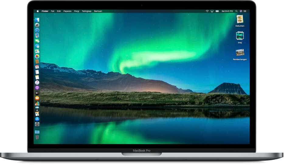 Desktop Mac dengan Mod Gelap, gambar desktop tersuai, Dock ditempatkan di sepanjang pinggir kiri skrin dan tindanan desktop di sepanjang pinggir kanan skrin.