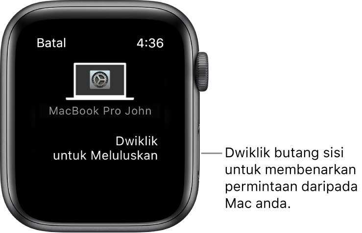 Apple Watch menunjukkan permintaan kelulusan daripada MacBook Pro.