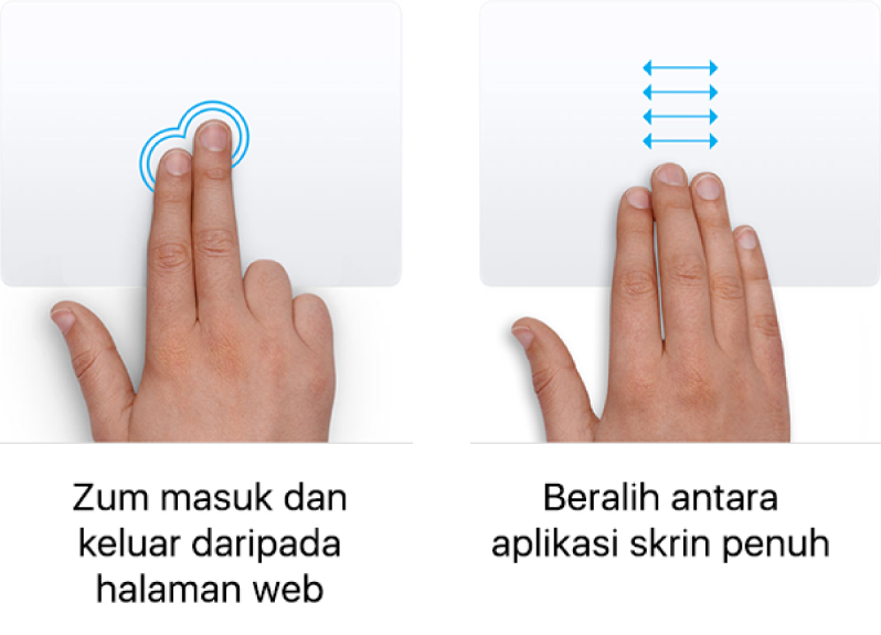 Contoh gerak isyarat trackpad untuk zum masuk dan keluar halaman web dan bergerak antara app skrin penuh.