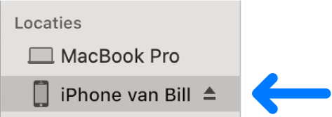 Een geselecteerd apparaat in de navigatiekolom van de Finder.