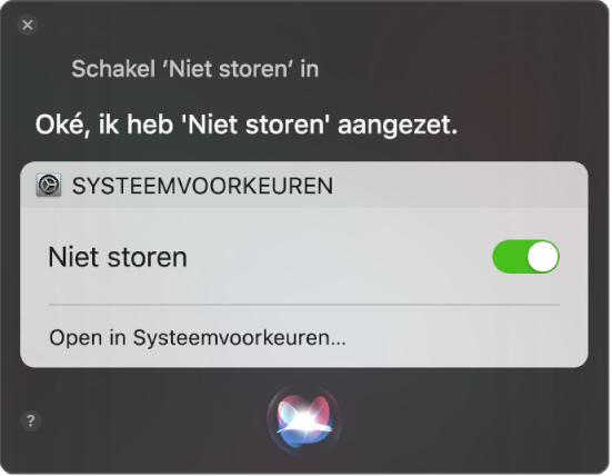 Het Siri-venster met een verzoek om de taak "Zet 'Niet storen' aan" uit te voeren.