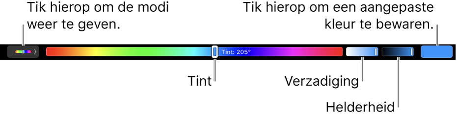 De Touch Bar met schuifknoppen voor kleurtint, kleurverzadiging en helderheid voor de HSB-modus. Uiterst links zie je de knop om alle modi weer te geven; aan de rechterkant staat de knop om een aangepaste kleur te bewaren.