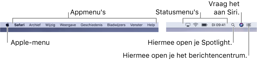 De menubalk. Links staan het Apple-menu en de appmenu's. Rechts staan de statusmenu's en de symbolen voor Spotlight, Siri en het berichtencentrum.