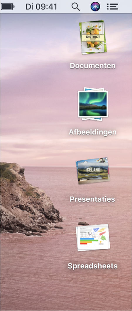 Een Mac-bureaublad met vier stapels voor documenten, afbeeldingen, presentaties en spreadsheets aan de rechterrand van het scherm.