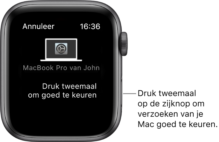 Een Apple Watch waarop een autorisatieverzoek van een MacBook Pro te zien is.