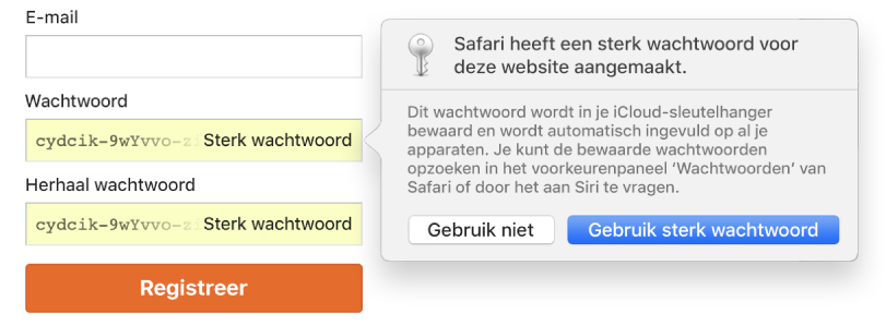 Een waarschuwing van Safari, die aangeeft dat Safari een sterk wachtwoord heeft aangemaakt voor een website en het wordt bewaard in je iCloud-sleutelhanger.