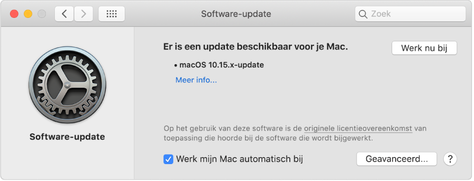 Het paneel 'Software-update' in Systeemvoorkeuren met de melding dat er een update beschikbaar is.