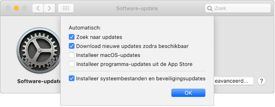 Geavanceerde opties in het paneel 'Software-update' in Systeemvoorkeuren