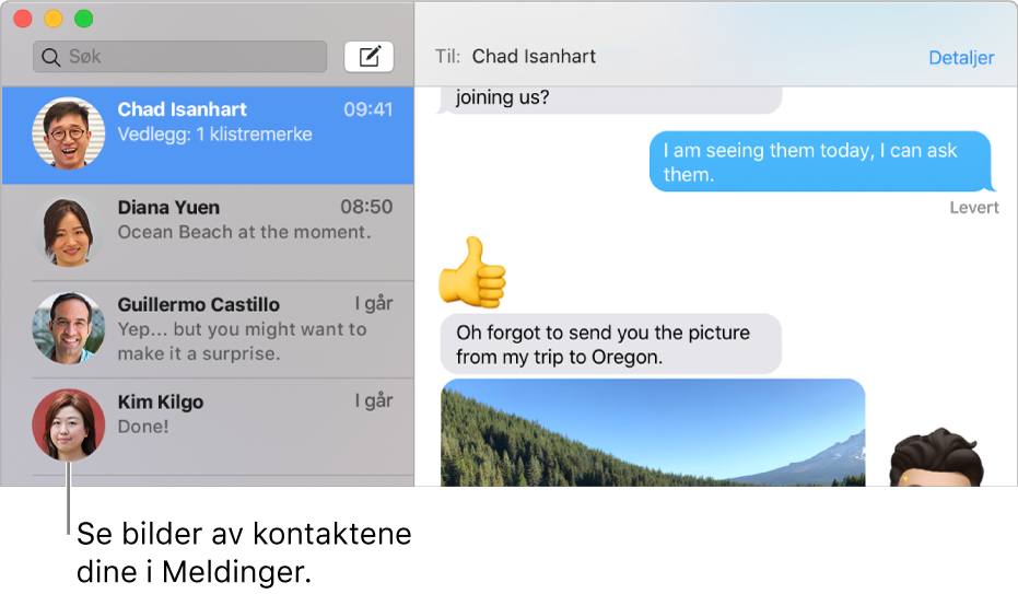 Sidepanelet i Meldinger-programmer med bilder av personer med tilhørende navn.