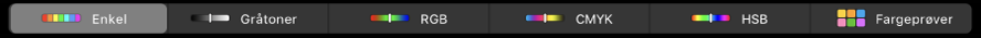 Touch Bar som viser fargemoduser – fra venstre mot høyre – Enkel, Gråskala, RGB, CMYK og HSB. Fargeprøver-knappen er i høyre ende.