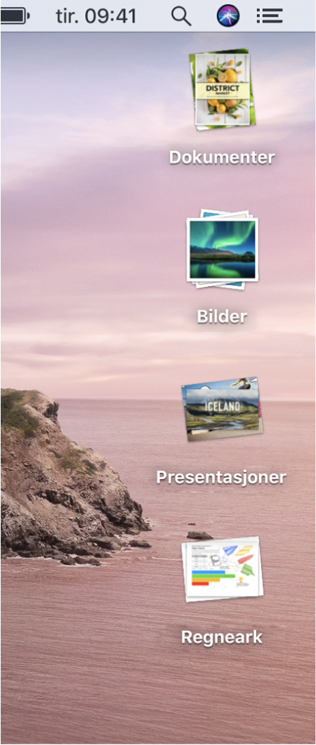 Et Mac-skrivebord med fire stabler – til dokumenter, bilder, presentasjoner og regneark – langs høyre kant på skjermen.