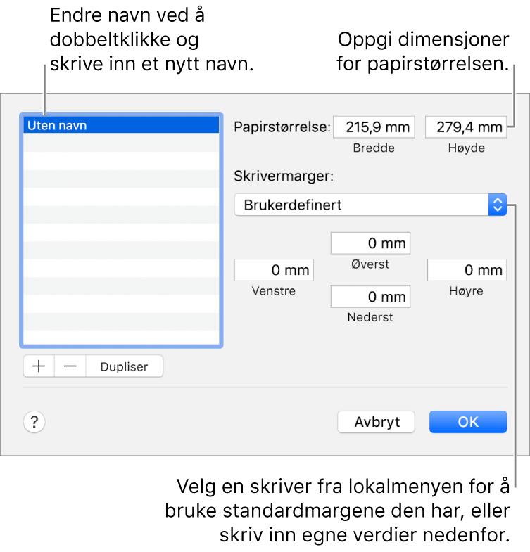Opprett en egendefinert papirstørrelse for utskrift på Macen Skrivebordet, menylinjen og dokumentasjon på Macen Apple