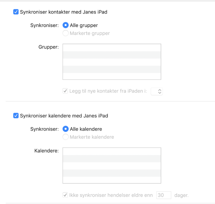 Info-synkroniseringsvalgene med avkrysningsrutene «Synkroniser kontakter med enhet» og «Synkroniser kalendere med enhet» og valg for å markere grupper med kontakter og et utvalg av kalendere.