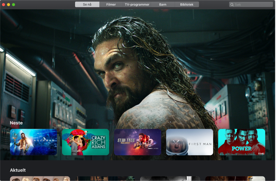 Apple TV-vinduet viser en film som straks skal spilles av i Se nå-kategorien.