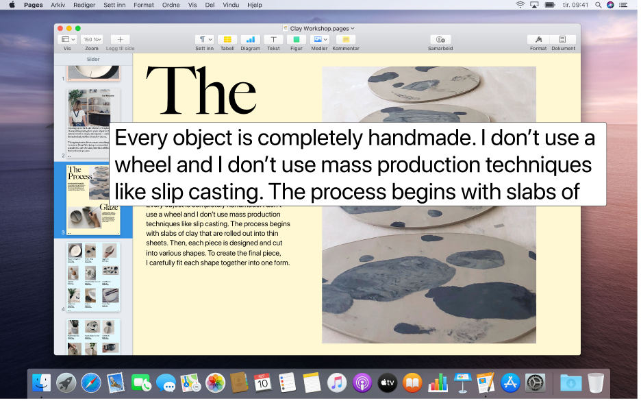 Et Pages-dokument med Peketekst-vinduet som viser en høyoppløselig versjon av tekst i dokumentet.