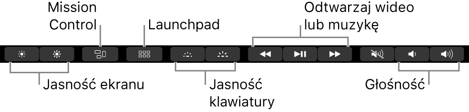 Przyciski na rozwiniętym pasku Control Strip dotyczą (od lewej do prawej) jasności ekranu, funkcji Mission Control, Launchpada, jasności klawiatury, odtwarzania wideo lub muzyki, oraz głośności.
